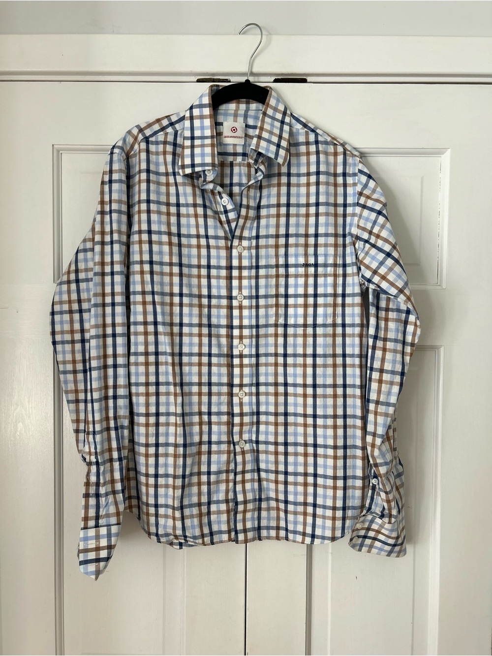 Alexander West Bespoke Blue, Brown & White Plaid Button-Down Small Tall Shirt